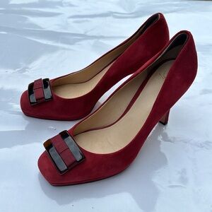 Joan & David red suede pumps with bow